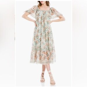 MAX STUDIO Women Crochet Trim Tiered Midi Chiffon Dress, Floral, Size S, NEW